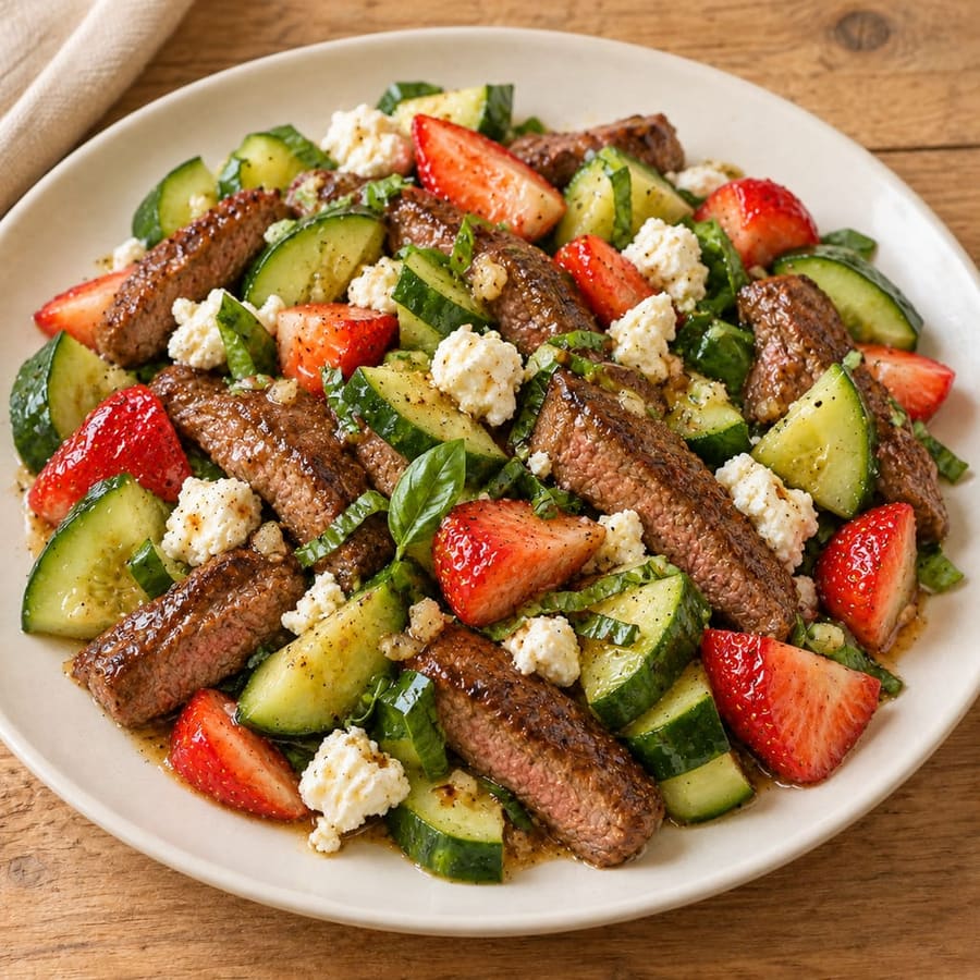 Lauwarmer Rindfleischsalat mit Gurke, Erdbeeren und Ziegenkäse