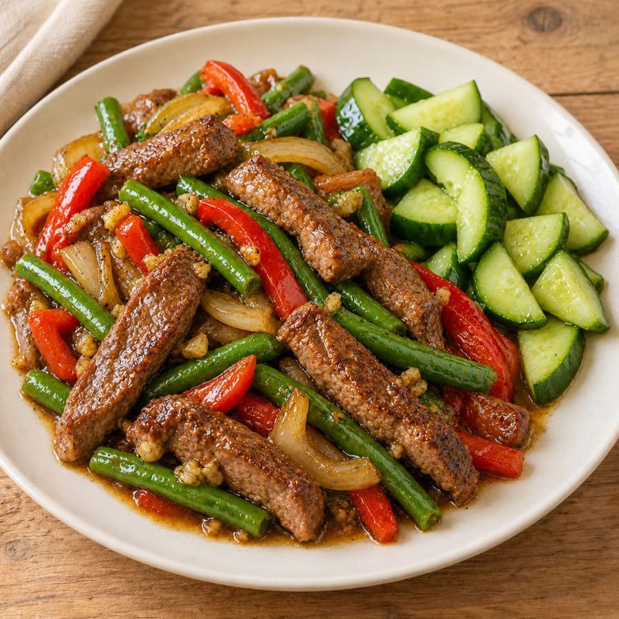 Lauwarmer Rindfleischsalat mit grünen Bohnen und Sojadressing