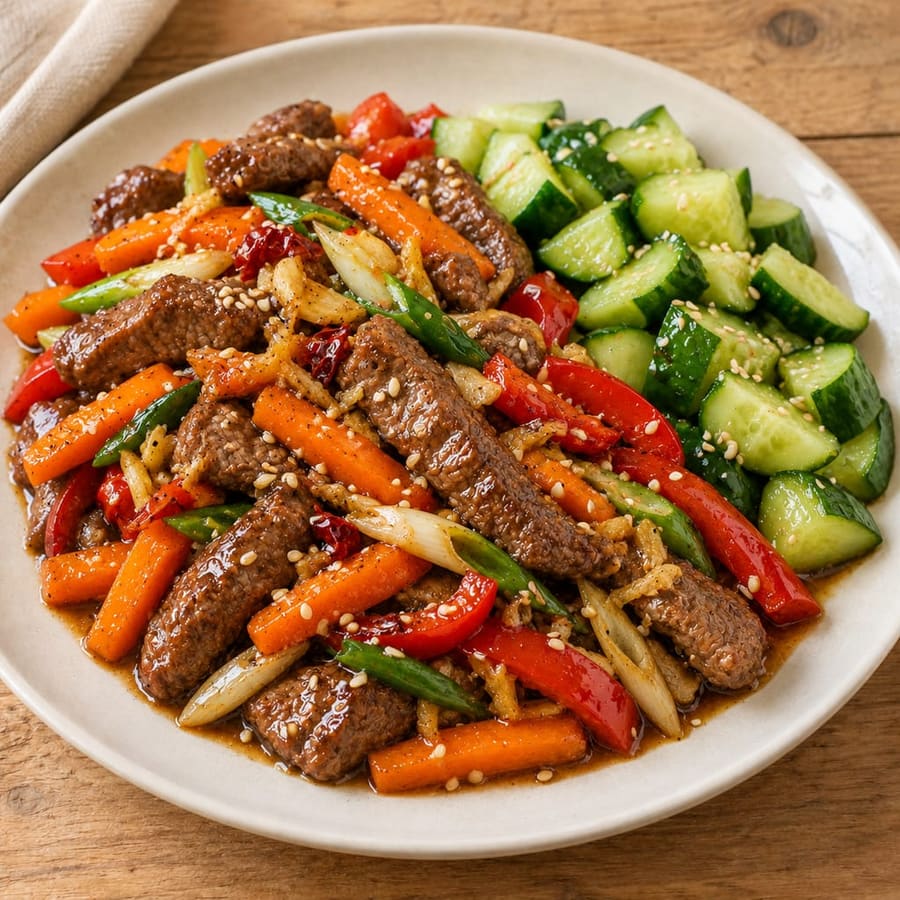Warmer Rindfleischsalat mit Gemüse und Sojadressing