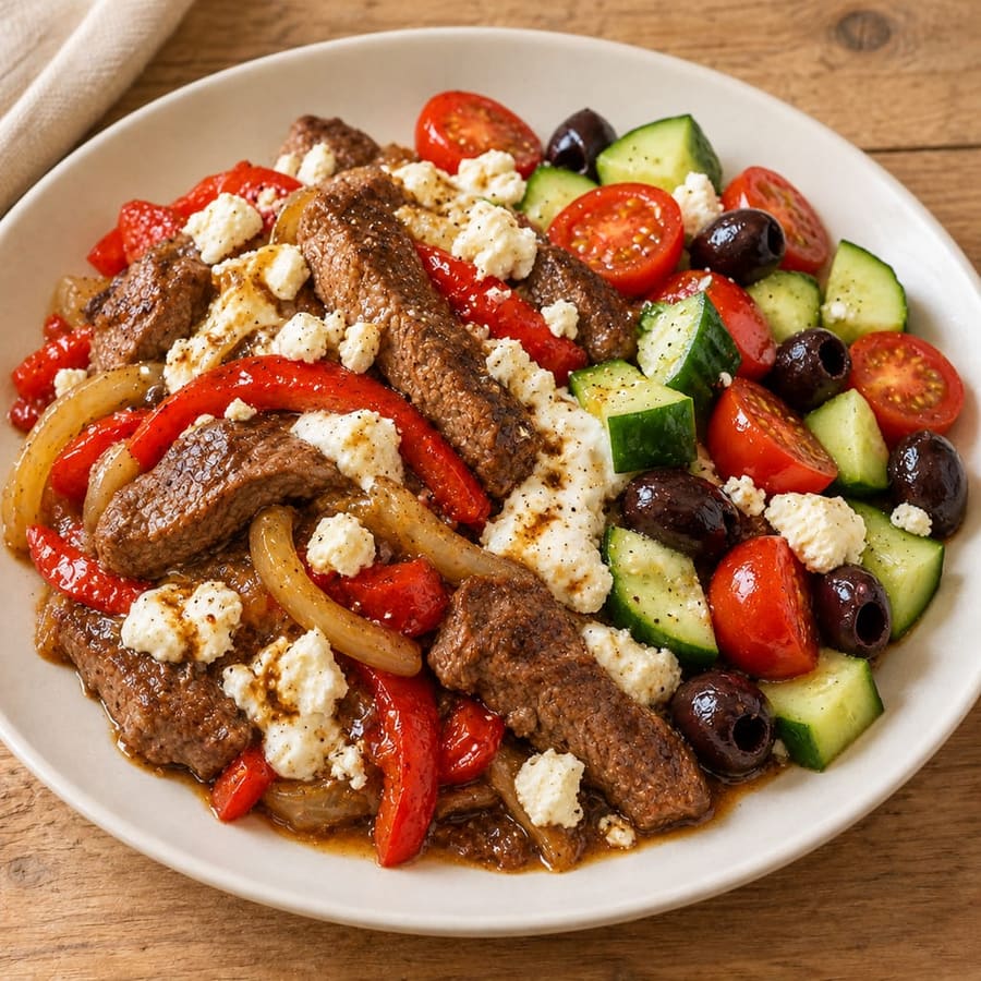 Lauwarmer Rindfleischsalat mit Gurke und Joghurtdressing