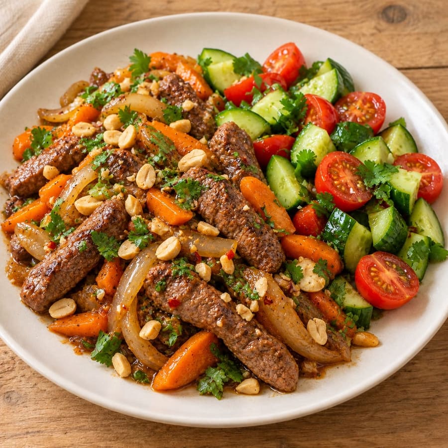 Warmer Rindfleischsalat mit Gurke, Kirschtomaten und Sojasauce