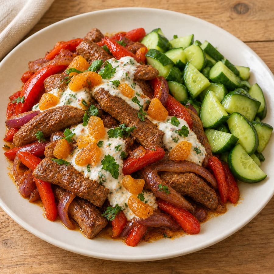 Lauwarmer Rindfleischsalat mit Paprika und Aprikosen-Joghurt-Sauce