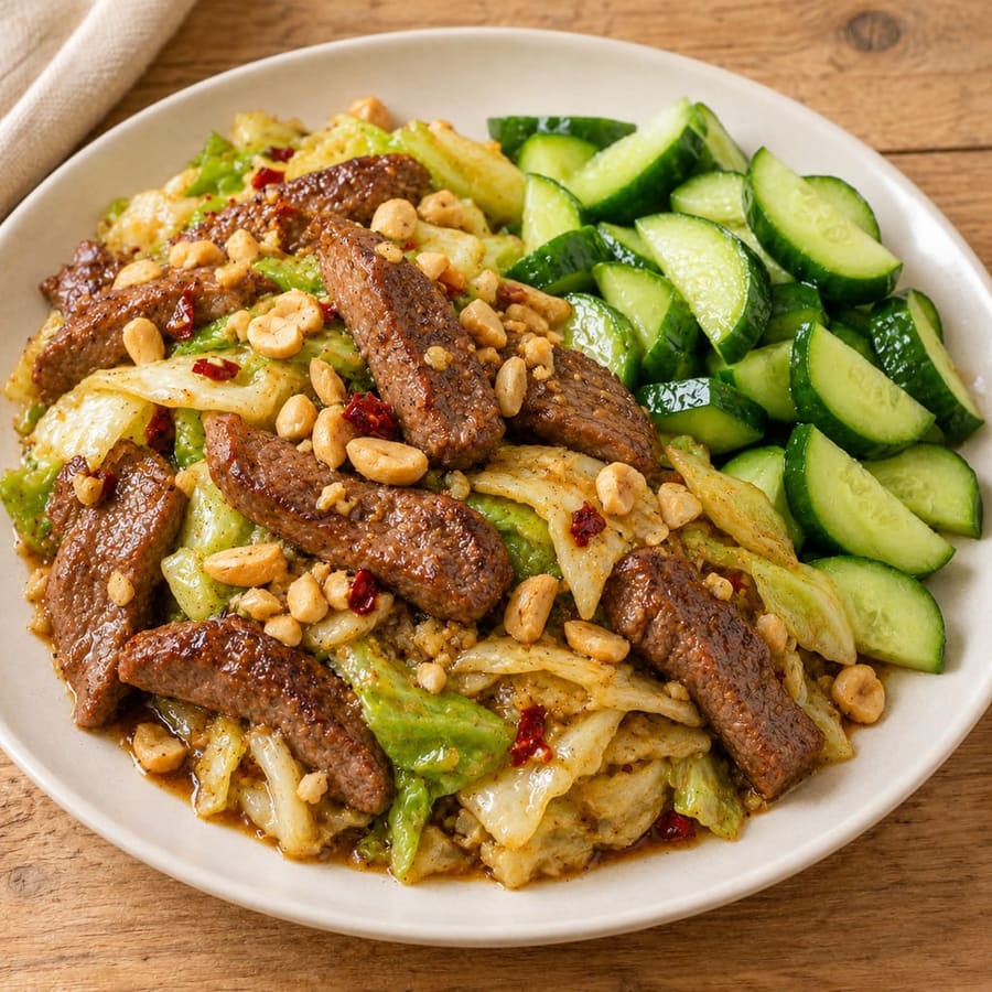 Lauwarmer Rindfleischsalat mit Gurke und Weißkohl