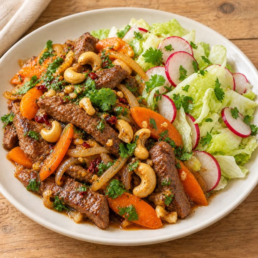 Warmer Rindfleischsalat mit Karotten, Radieschen und Soja