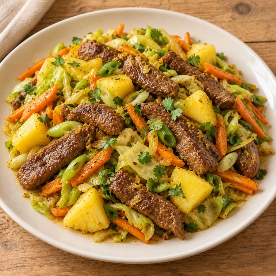 Warmer Rindfleischsalat mit Weißkohl, Karotte und Ananas