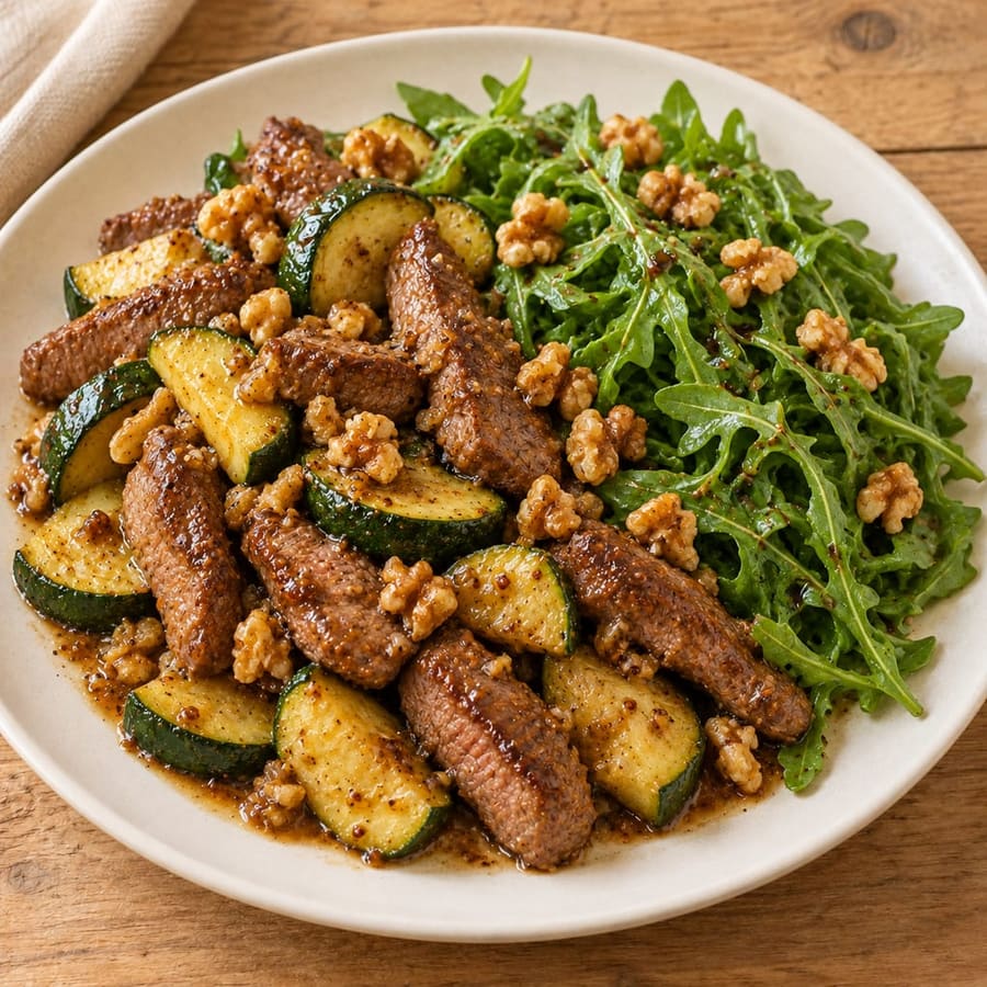 Warmer Rinderfiletsalat mit Rucola, Zucchini und Dijon-Senf