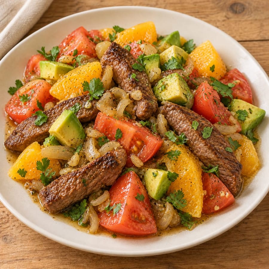 Lauwarmer Rindersalat mit Tomate, Avocado und Orange