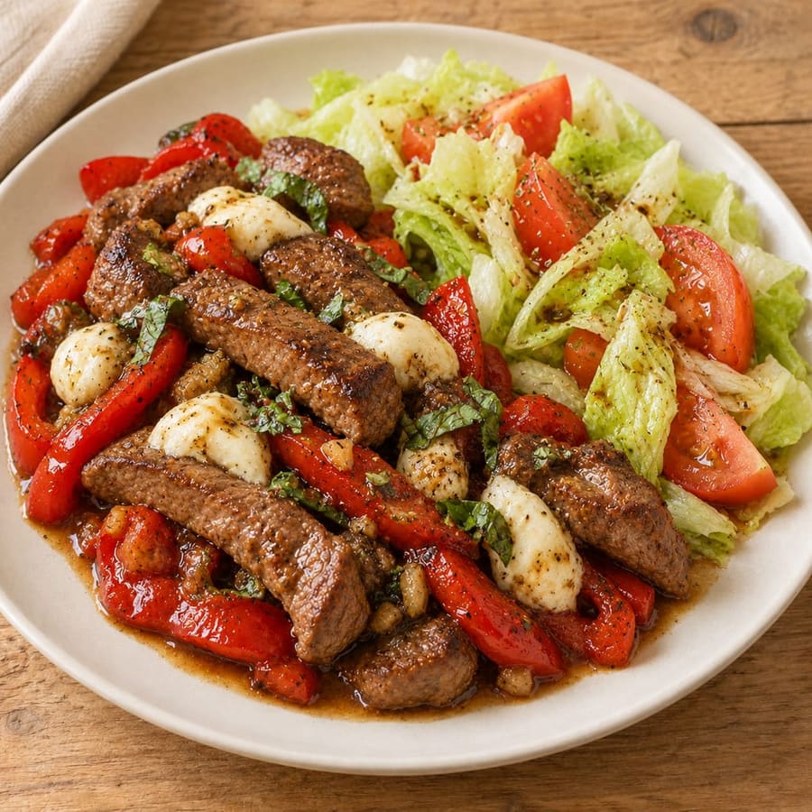 Lauwarmer Rindfleischsalat mit Tomate, Paprika und Mozzarella