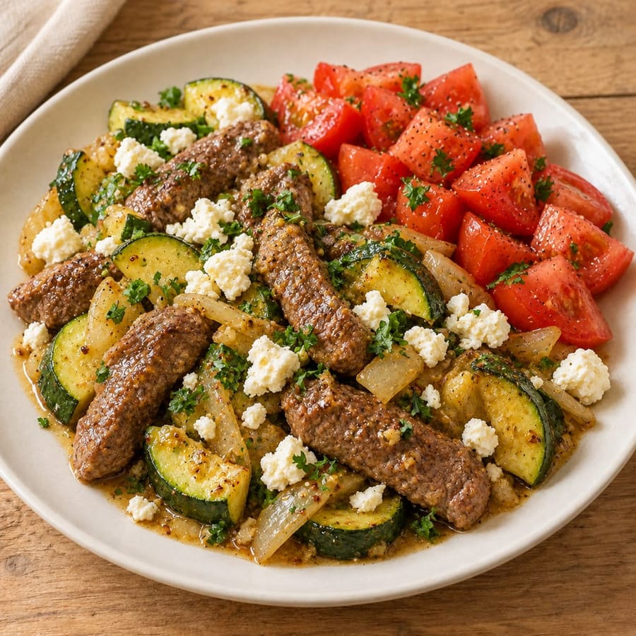 Lauwarmer Rindfleischsalat mit Zucchini, Tomate und Feta