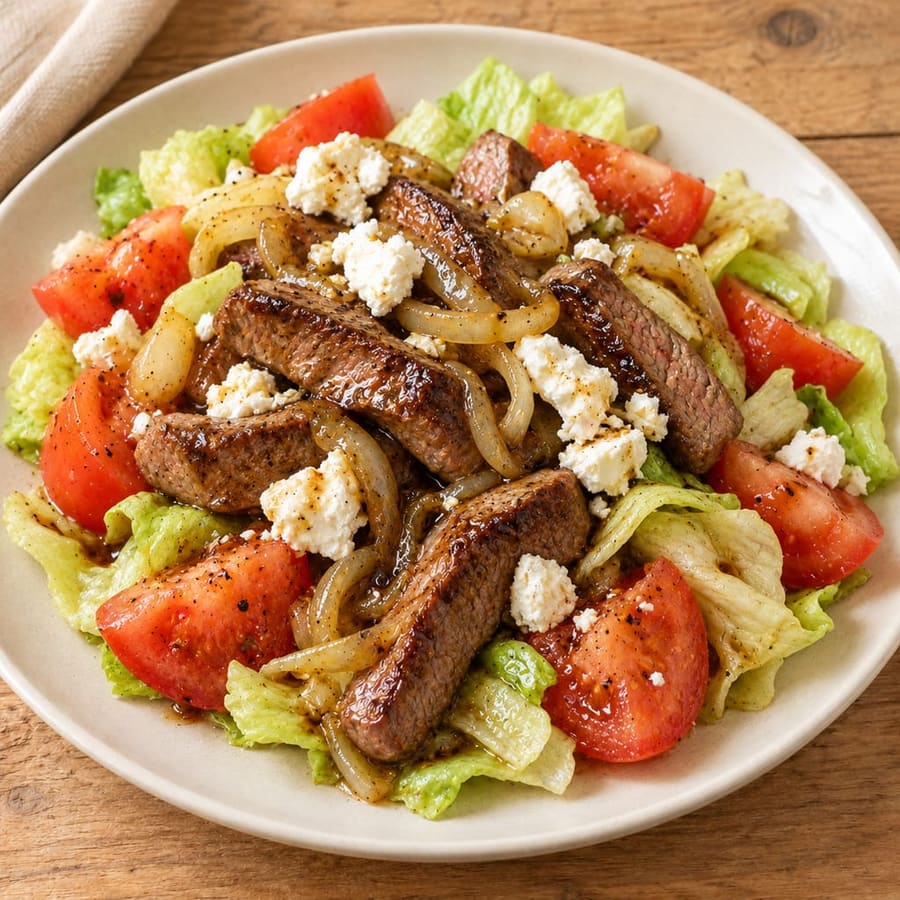 Lauwarmer Rindersalat mit Tomaten und Ziegenkäse