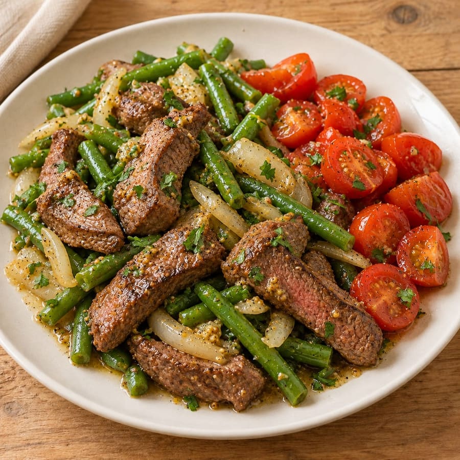 Warmer Steaksalat mit grünen Bohnen und Kirschtomaten