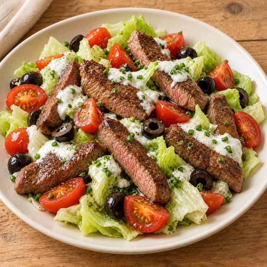 Warmer Rindfleischsalat mit Kirschtomaten und Joghurtsauce