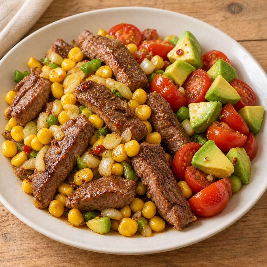 Lauwarmer Rindfleischsalat mit Mais, Kirschtomaten und Avocado