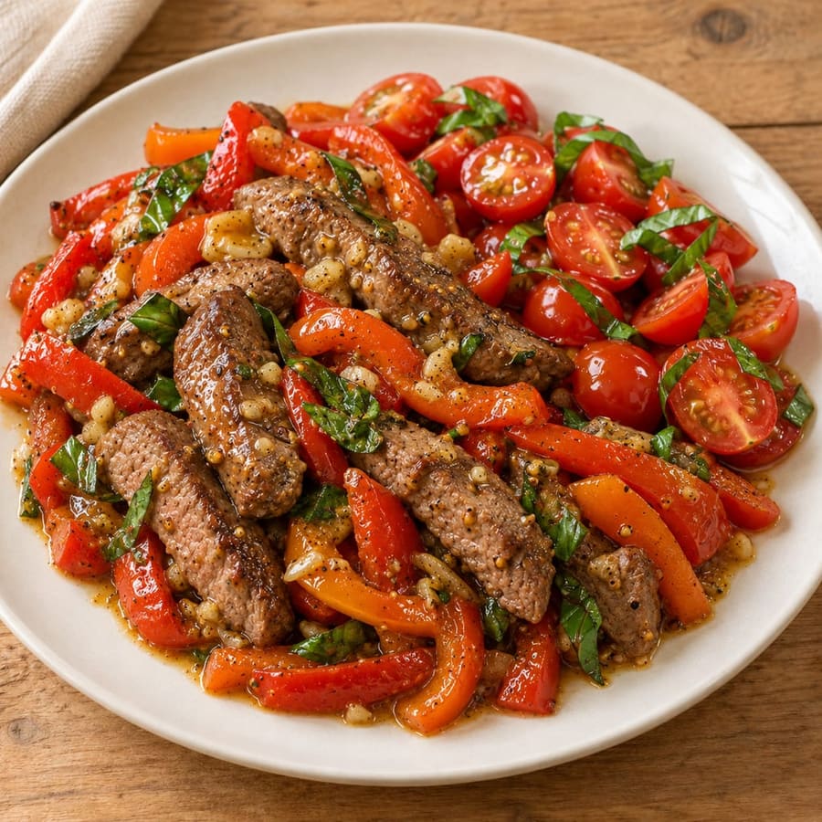 Lauwarmer Rindersteaksalat mit Kirschtomaten und Paprika