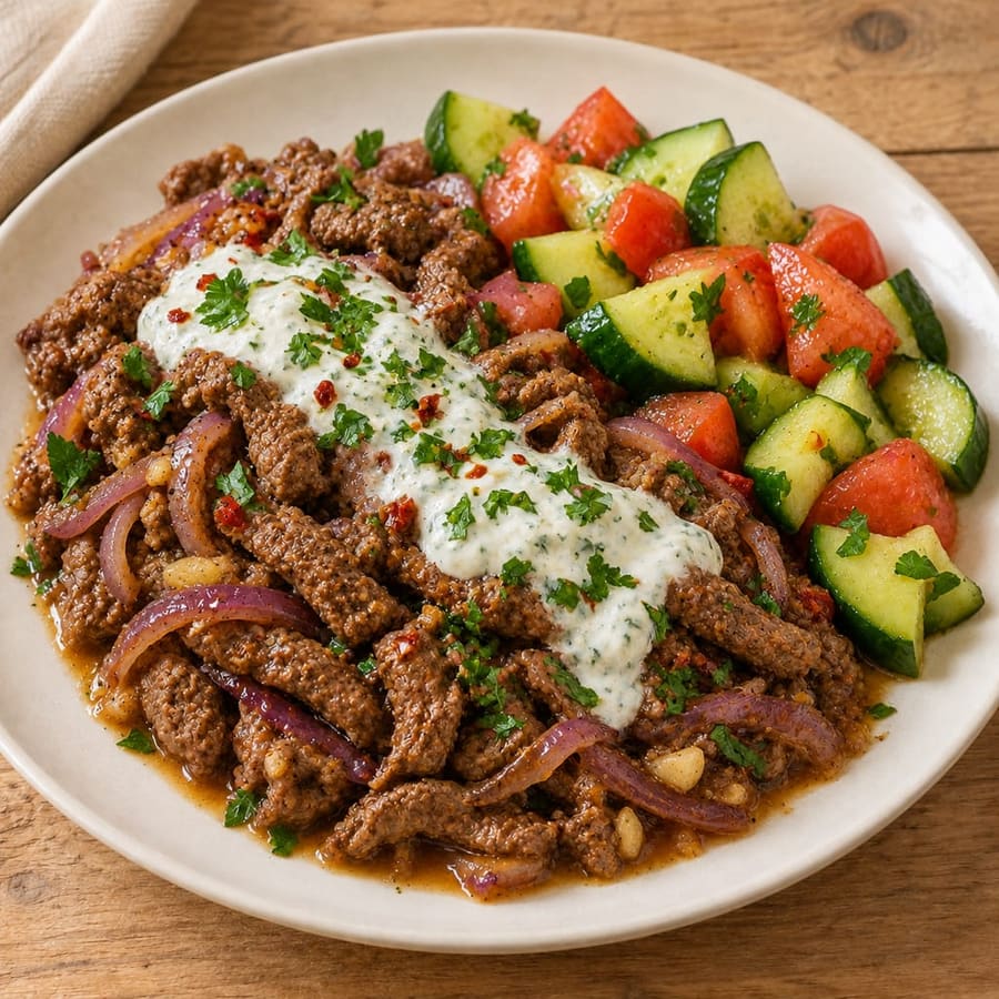 Lauwarmer Rinderhacksalat mit Gurke und Tomate