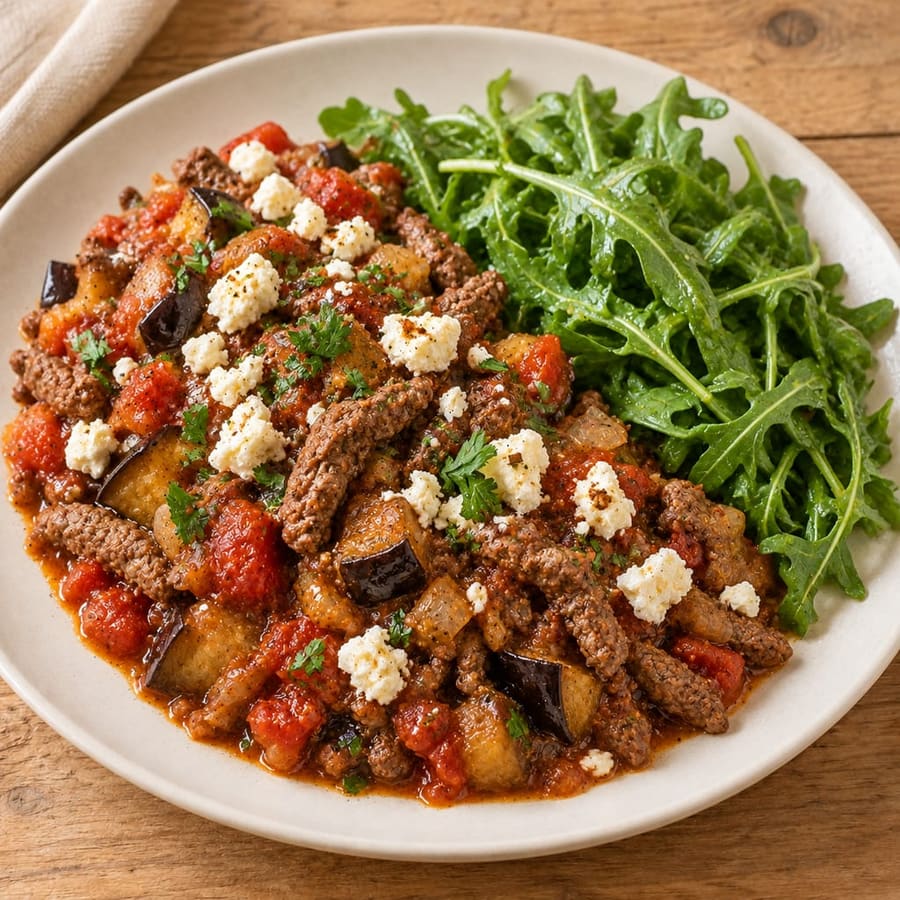 Warmer Rinderhacksalat mit Aubergine, Tomate und Rucola