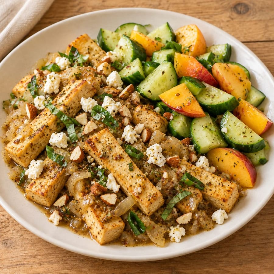 Warmer Tofusalat mit Gurke und Pfirsich