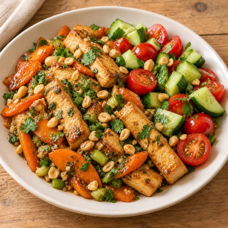 Warmer Tofusalat mit Gemüse und Erdnüssen