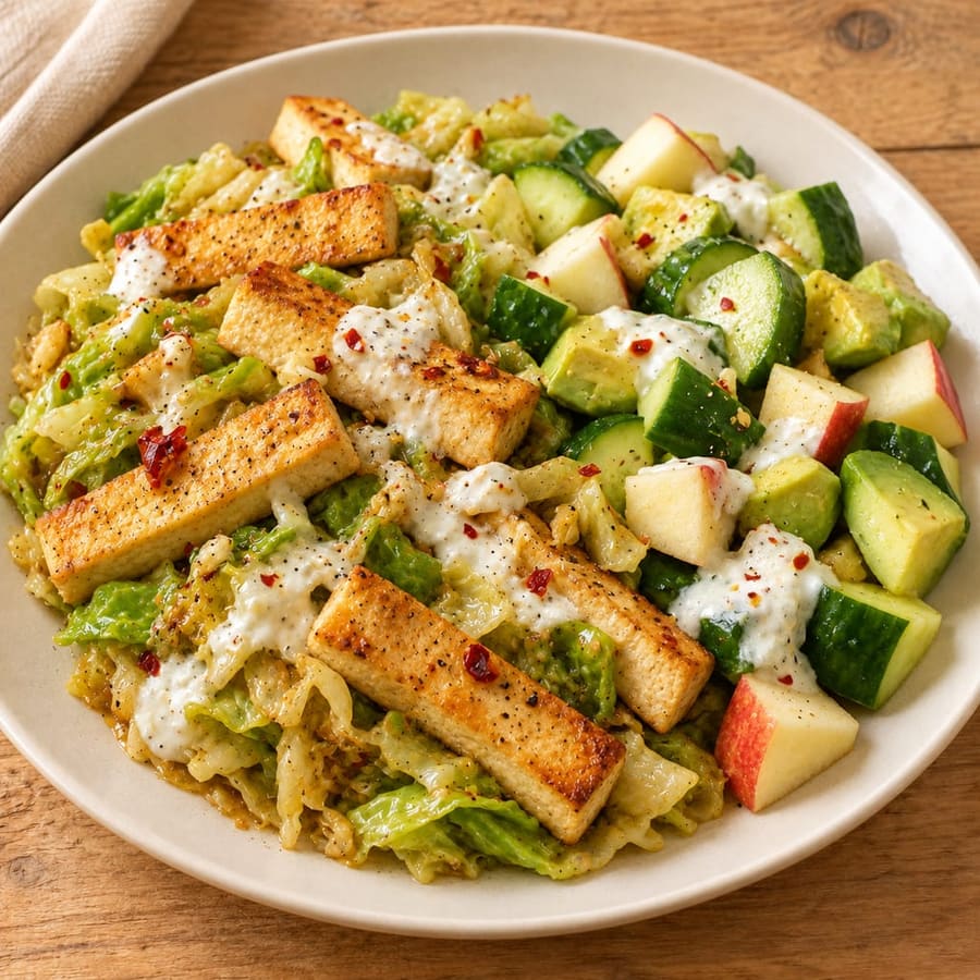 Lauwarmer Tofusalat mit Kohl, Gurke und Joghurtsauce