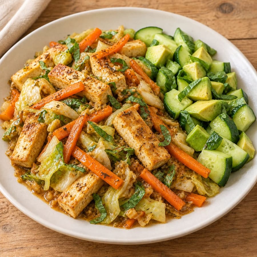 Lauwarmer Tofusalat mit Kohl und Tahini-Dressing