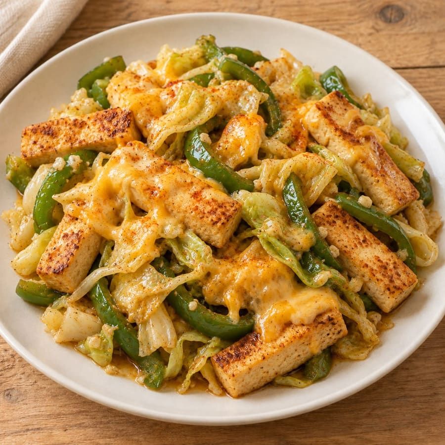 Warmer Tofusalat mit Kohl, Paprika und Cheddar-Dressing