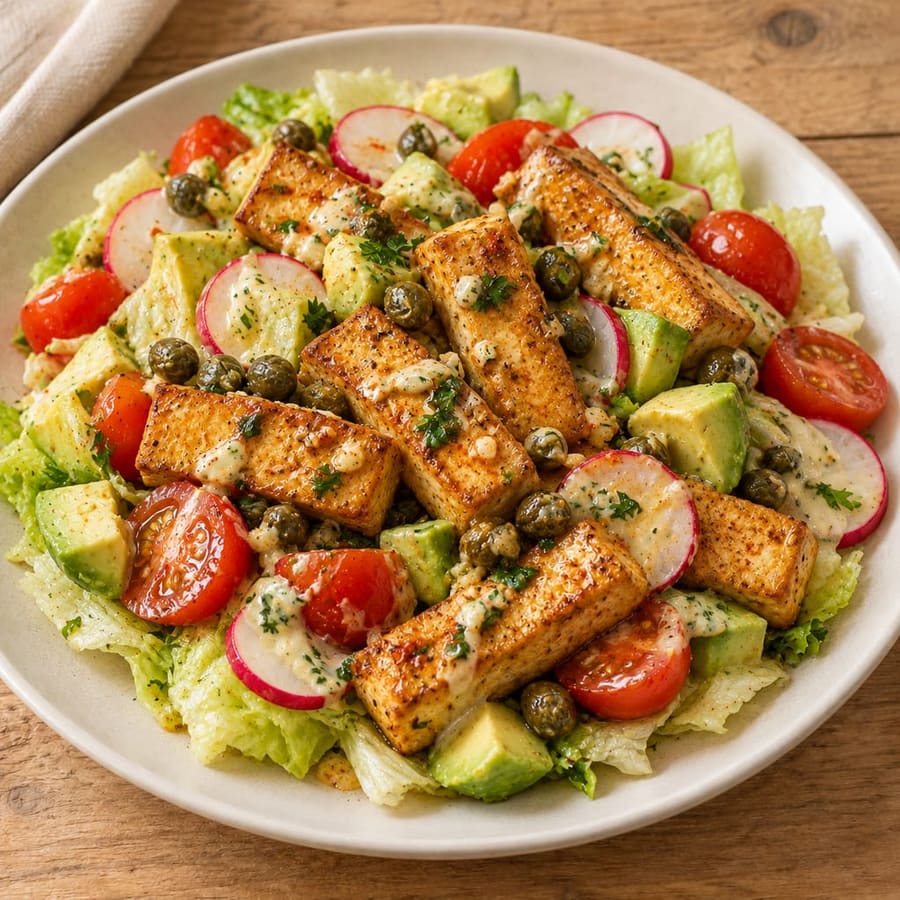 Warmer Tofusalat mit Kirschtomaten, Radieschen und Avocado