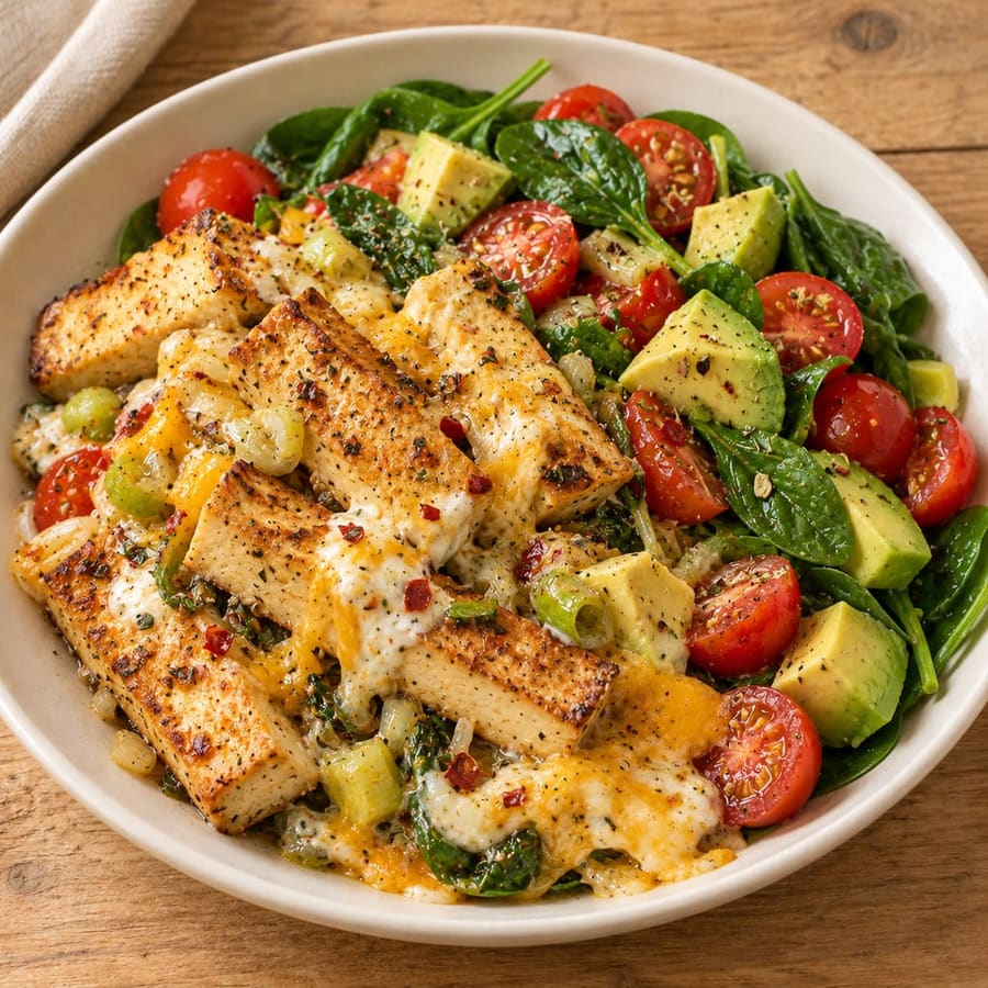 Lauwarmer Tofu-Salat mit Spinat und Kirschtomaten