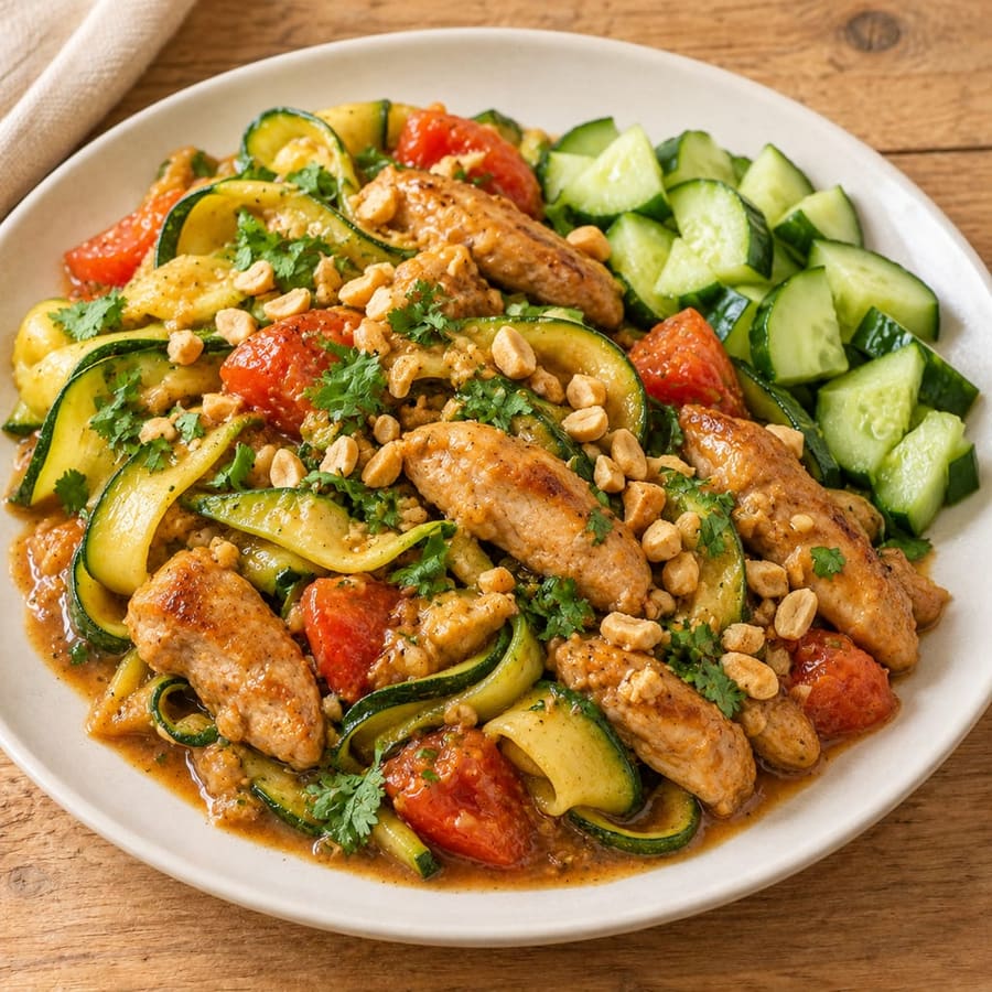 Zucchininudeln mit Hähnchen und Erdnusssauce