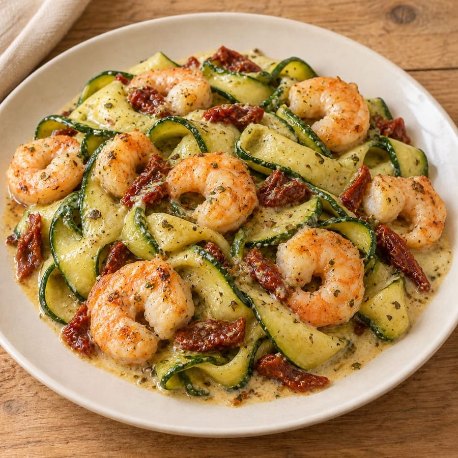 Zucchininudeln mit Garnelen in Sahnesauce
