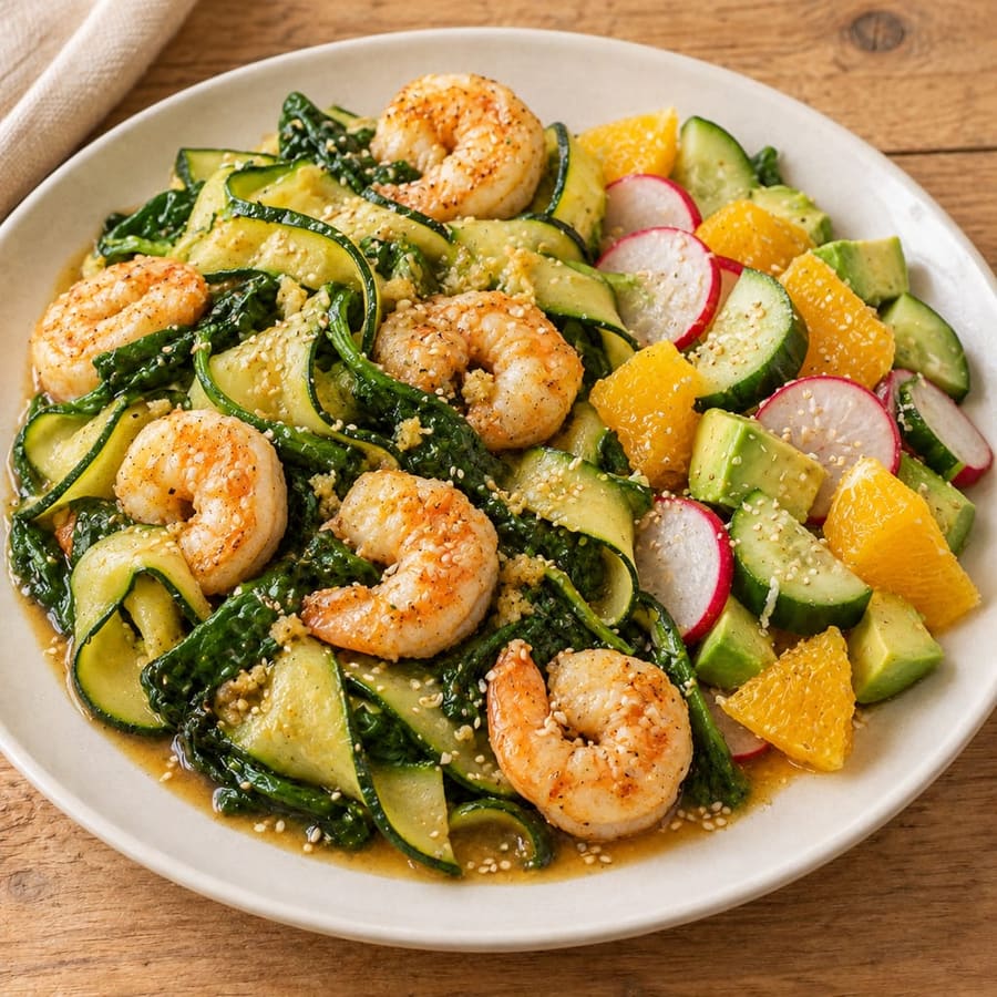 Zucchininudeln mit Garnelen, Gurke und Orange