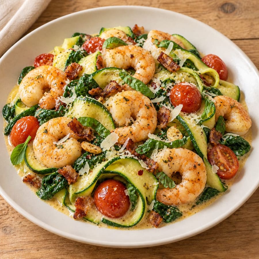 Zucchininudeln mit Garnelen und Spinat in Sahnesauce
