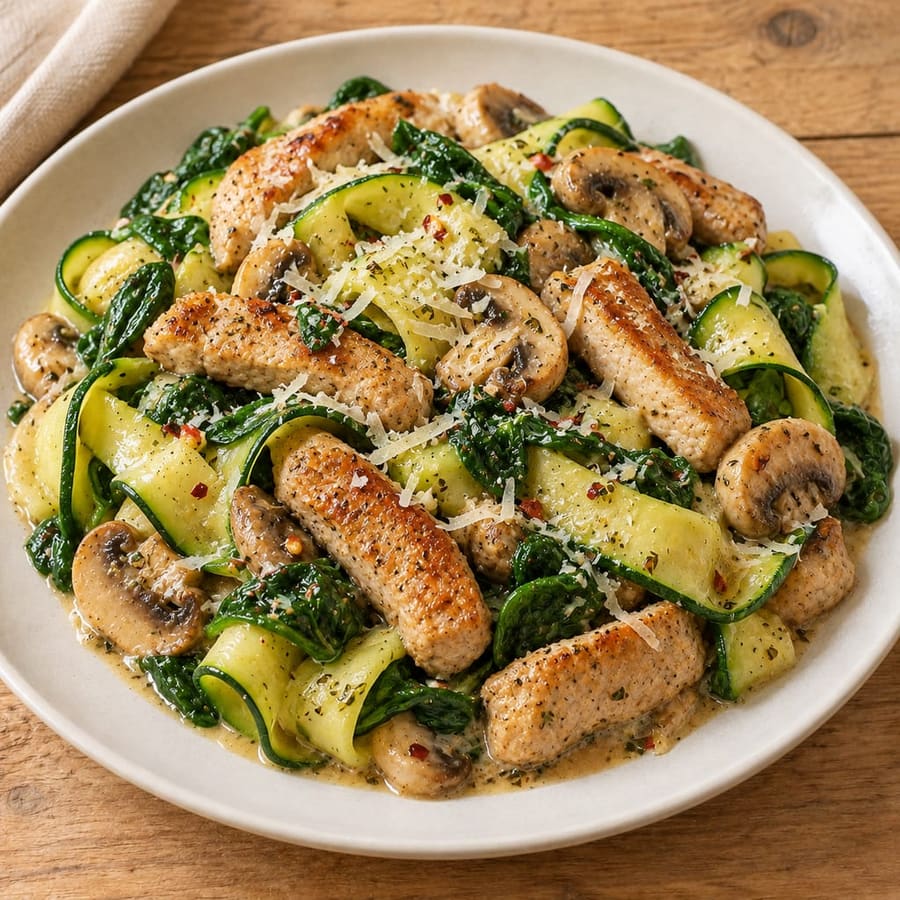Zucchini-Nudeln mit Schweinelende, Spinat und Champignons
