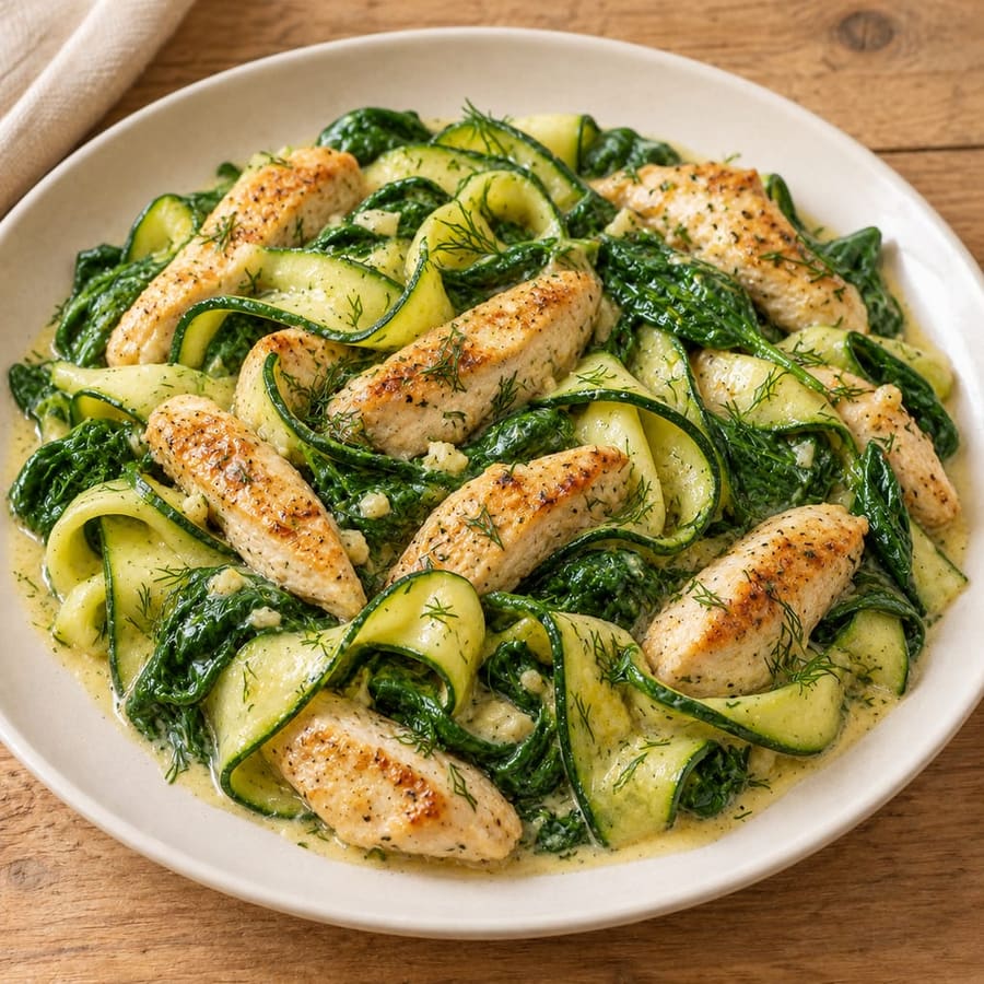 Zucchinispaghetti mit Hähnchen und Spinat in Sahnesauce