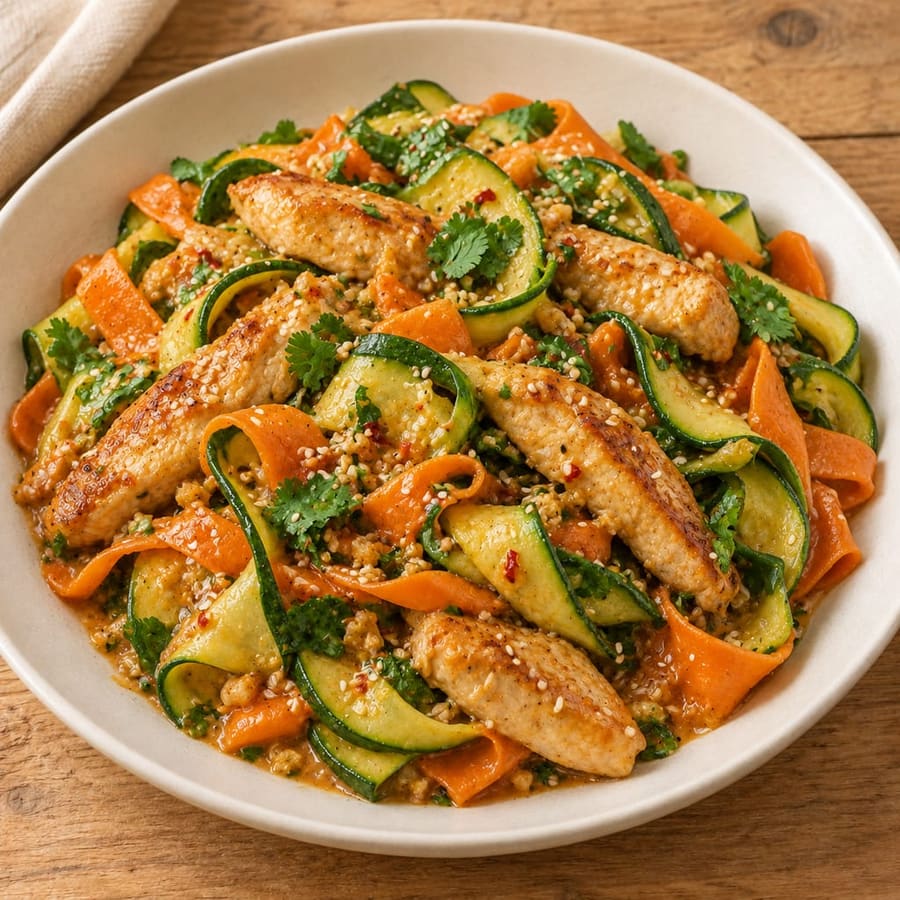 Zucchininudeln mit Hähnchen und Erdnusssauce