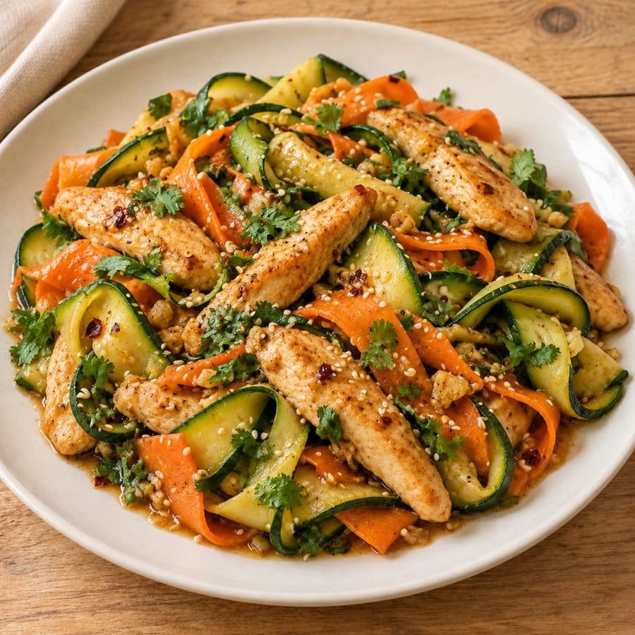 Zucchininudeln mit Hähnchen, Karotte und Sojasauce
