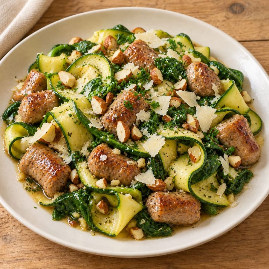 Zucchini-Nudeln mit Bratwurst und Spinat