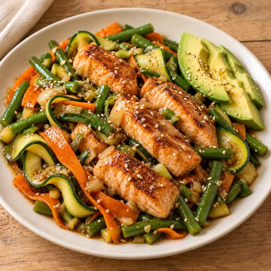 Zucchininudeln mit Lachs und Ingwergemüse