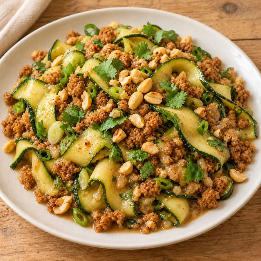 Zucchini-Nudeln mit Sojaschnetzeln und Tahin-Sauce