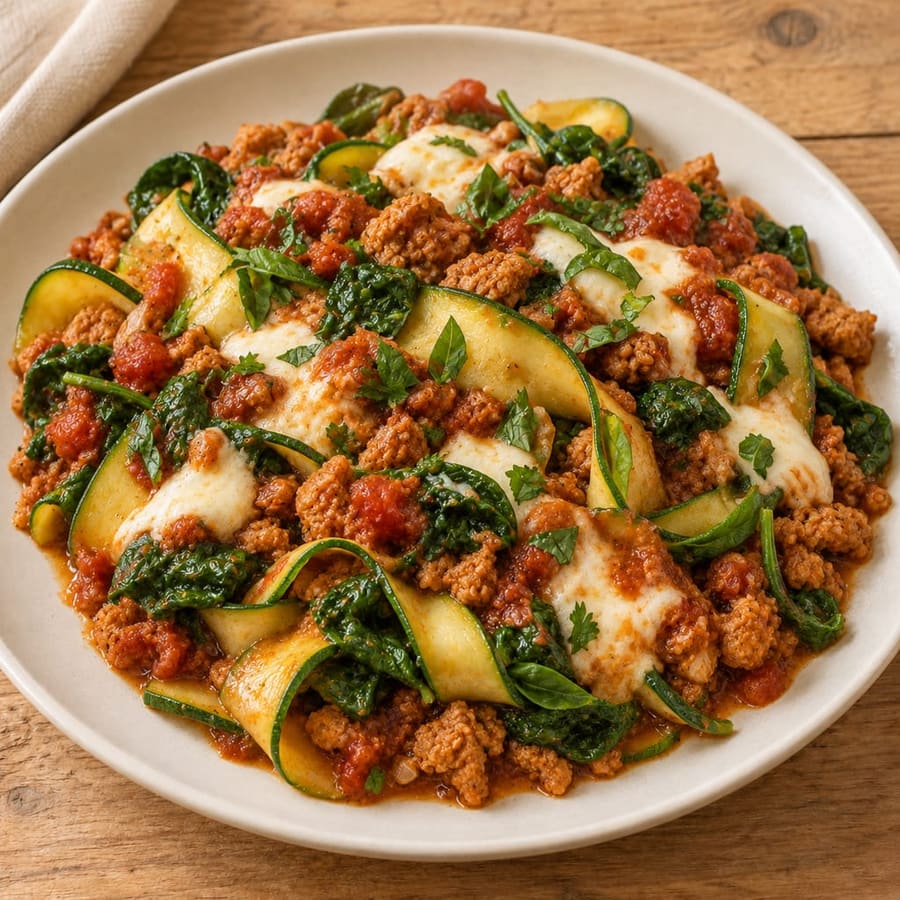 Zucchinispaghetti mit Soja-Bolognese und Mozzarella
