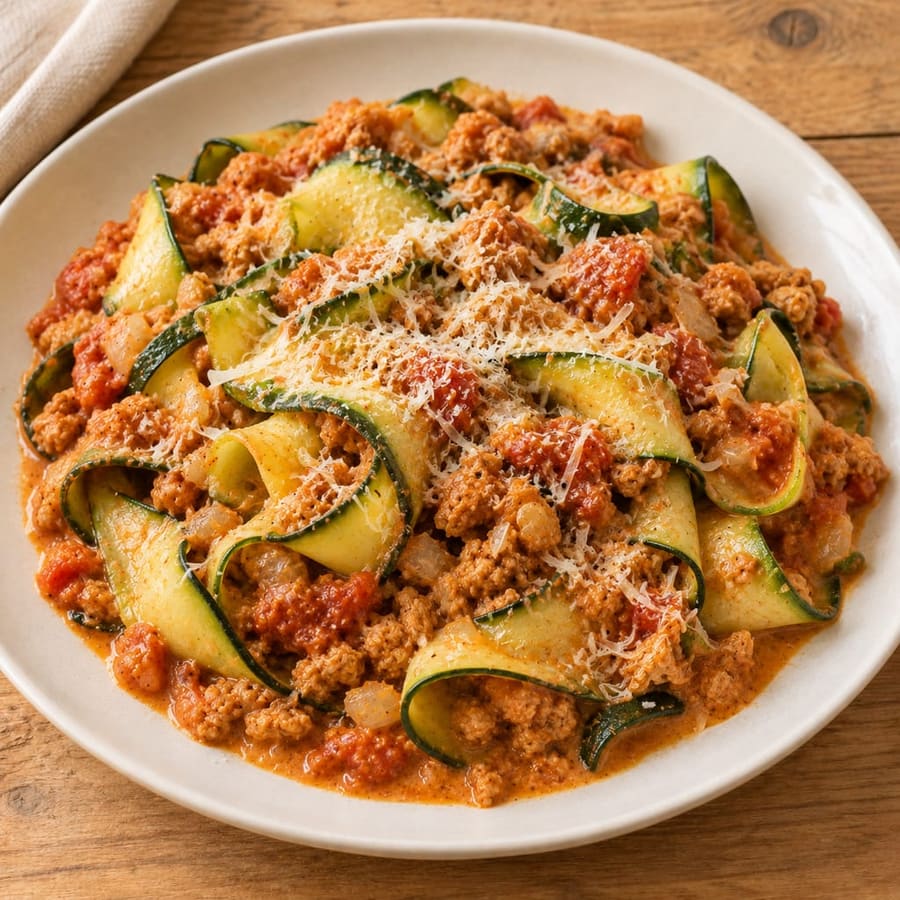 Zucchininudeln mit Sojaschnetzel-Ragù und Sahne