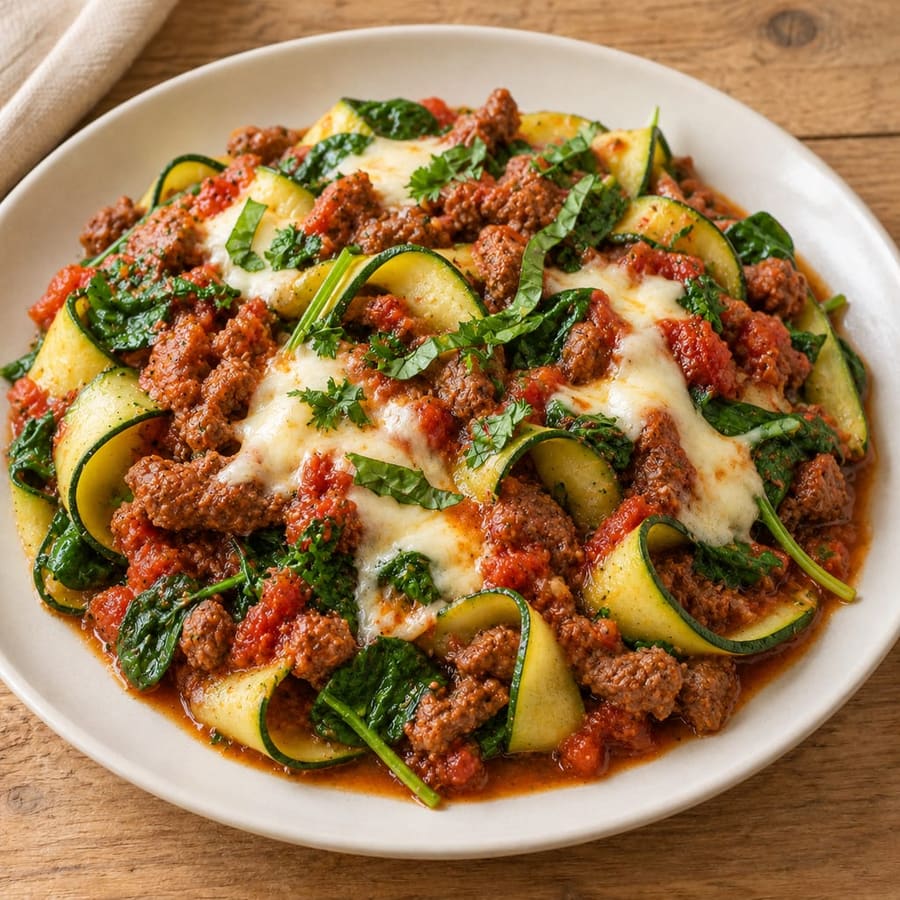 Zucchininudeln mit Rinderhack in Tomatensauce