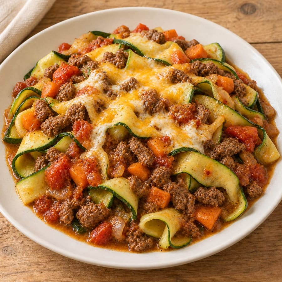 Zucchininudeln mit Rinderhack-Ragù und Joghurt