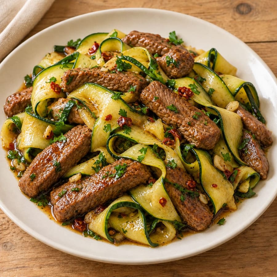 Zucchininudeln mit Rindfleisch und Sojasauce