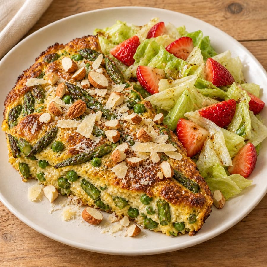 Frittata mit grünem Spargel und Erbsen, dazu Salat mit Erdbeeren