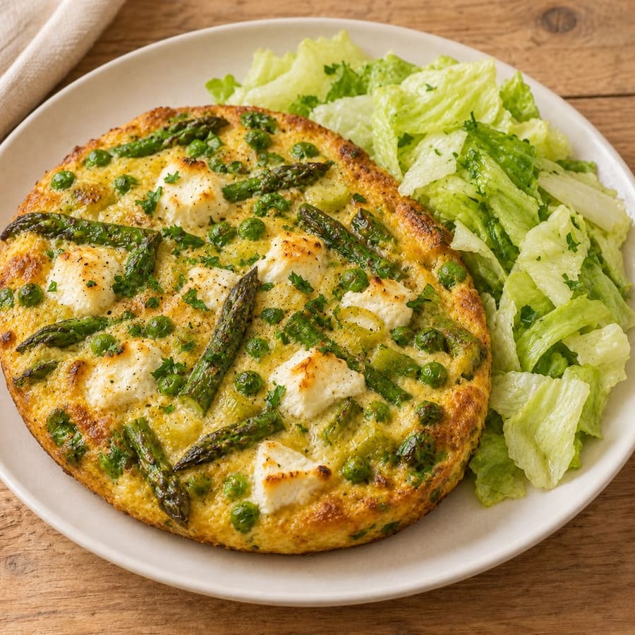 Frittata mit grünem Spargel und Erbsen, dazu Eisbergsalat