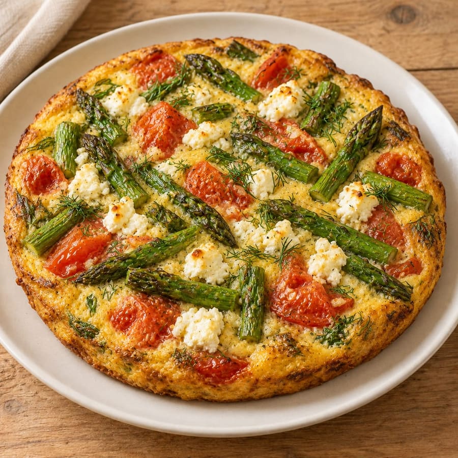 Frittata mit grünem Spargel, Tomaten und Feta
