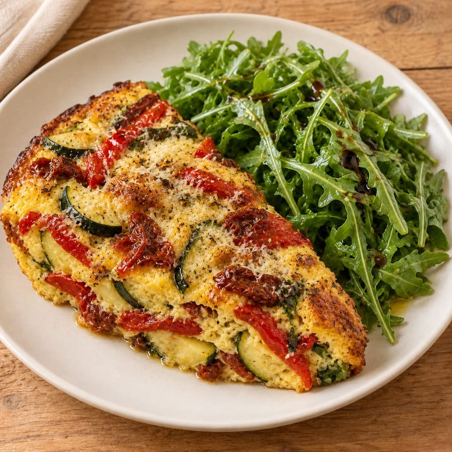 Frittata mit gerösteter Paprika, Zucchini, Rucola und Parmesan