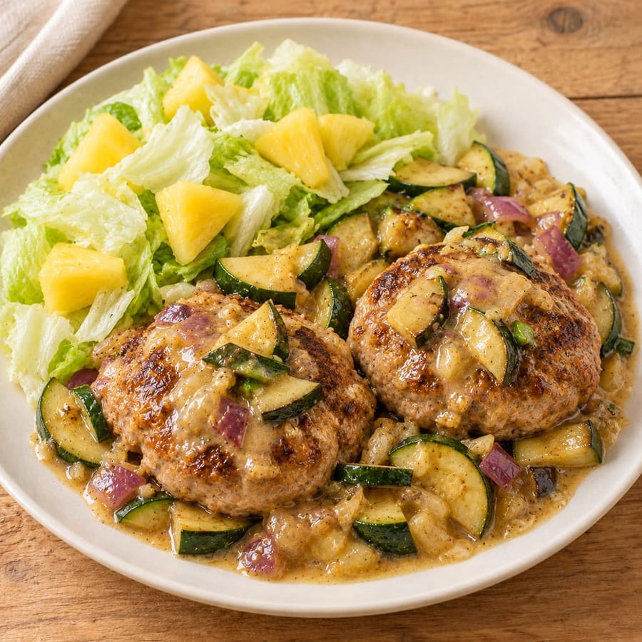 Schweineburger mit Zucchini, Eisbergsalat und Ananas