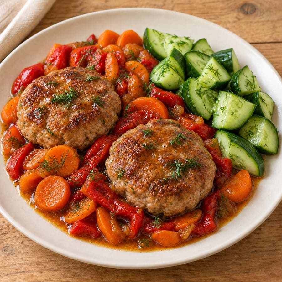 Schweinefleisch-Burger mit gerösteter Paprika und Gurke