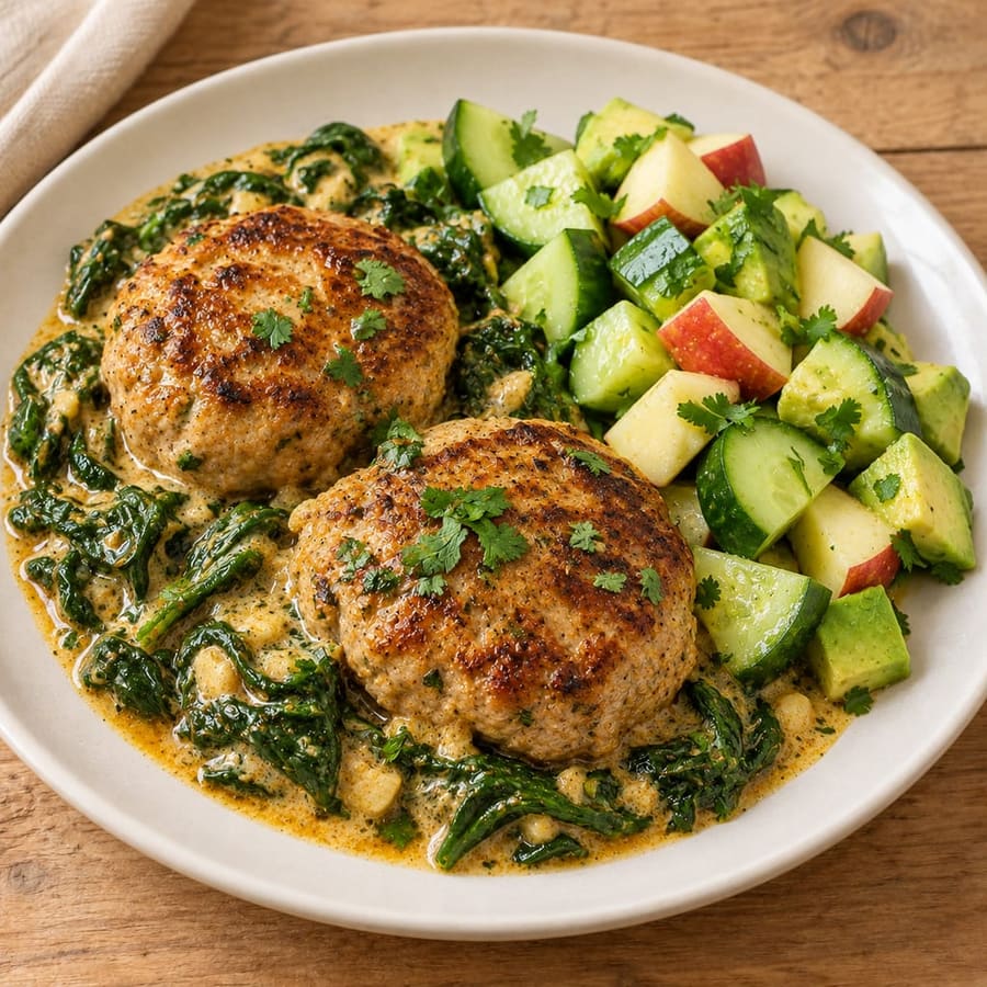 Putenburger mit Spinat, Gurke und Joghurt-Apfel-Sauce
